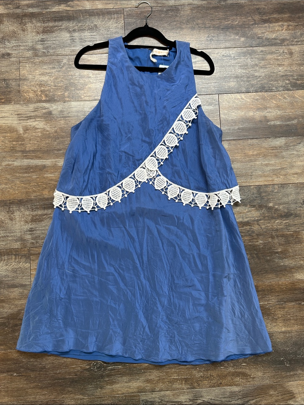 Tory Burch Blue Sleeveless Dress with White Lace Trim